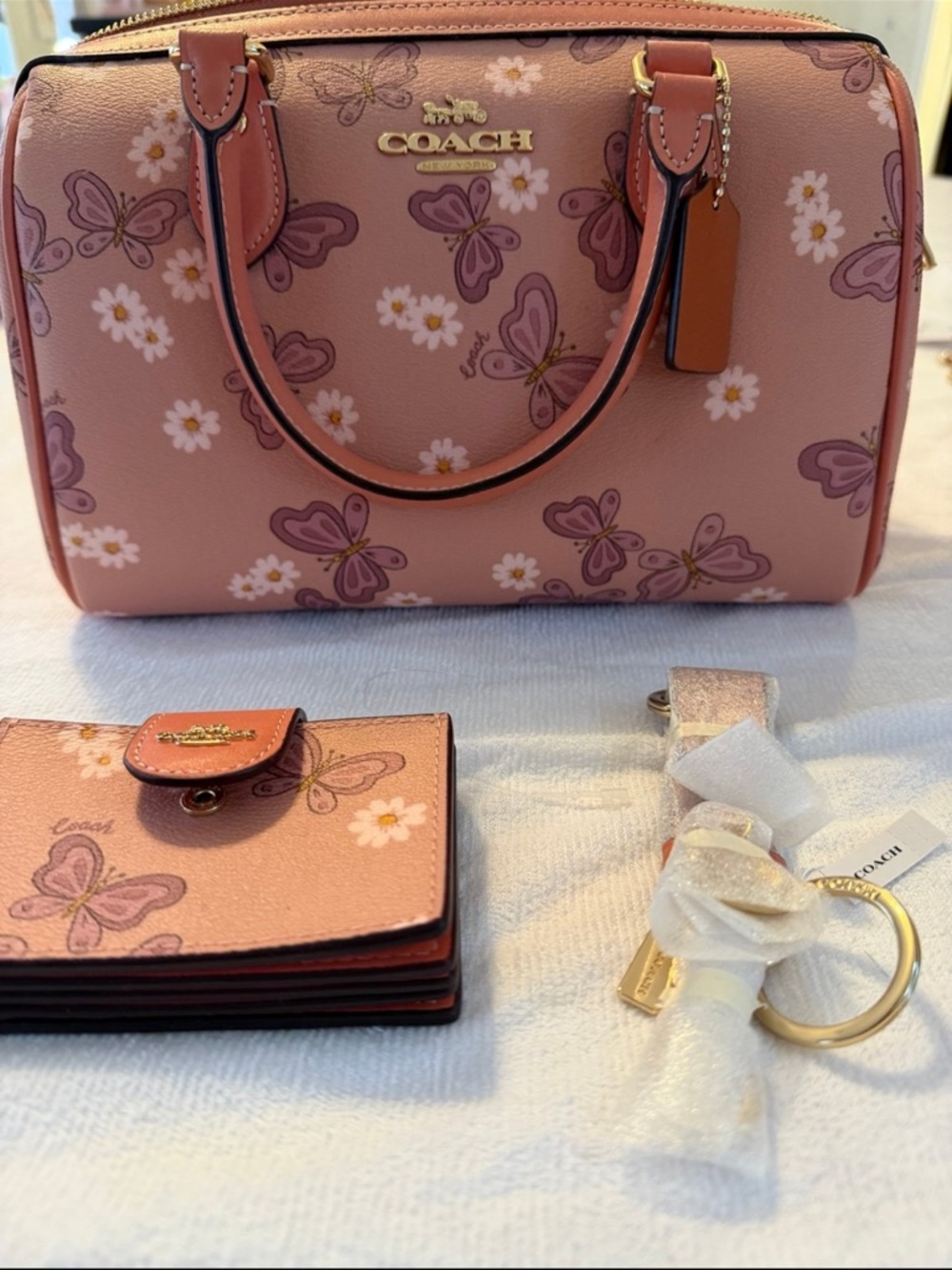 Coach Pink Butterfly & Daisy Mini Satchel with Card Case and Key Ring